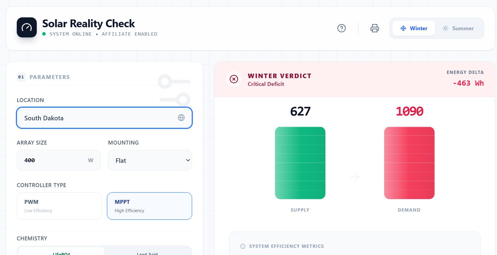 Solar Reality Check simulator interface