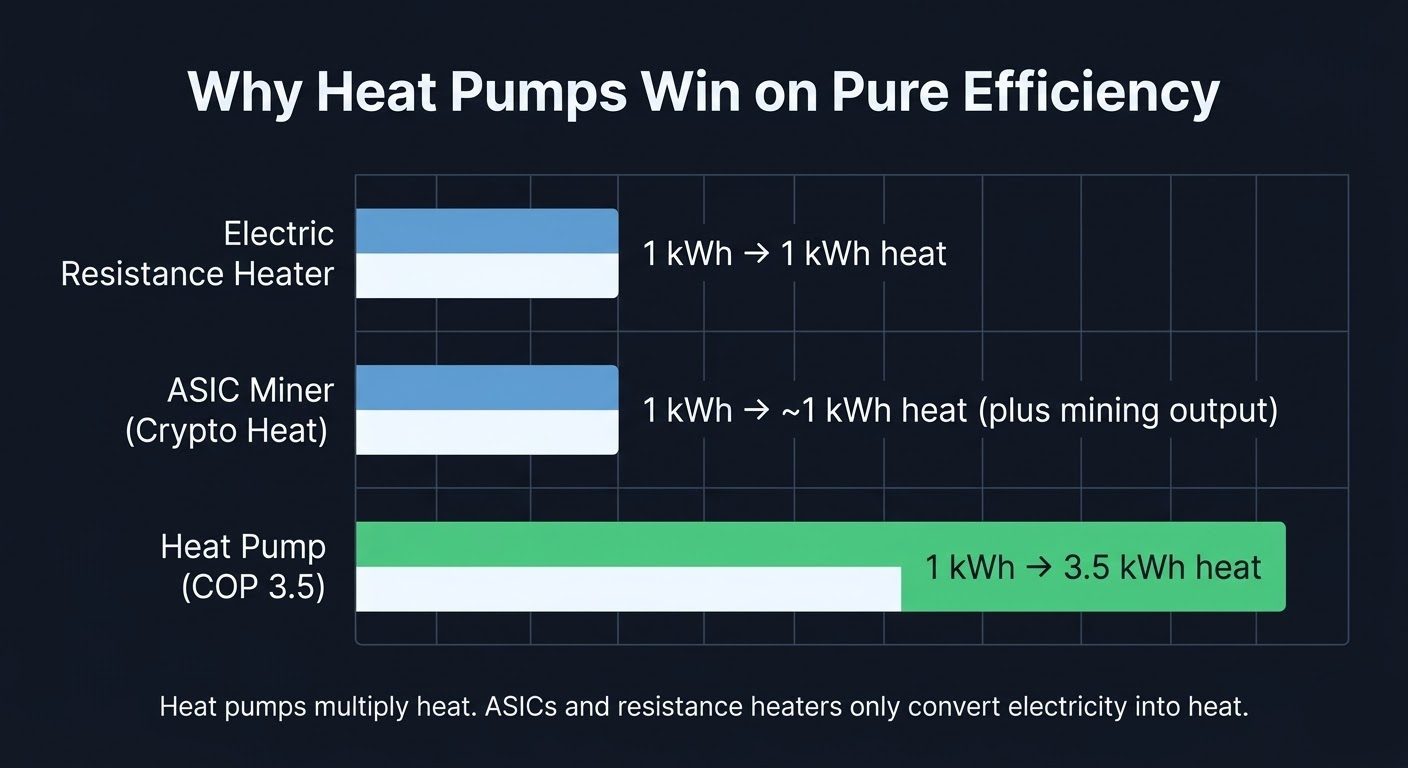 Heating efficiency comparison showing resistance heat, ASIC heat, and heat pump COP output
