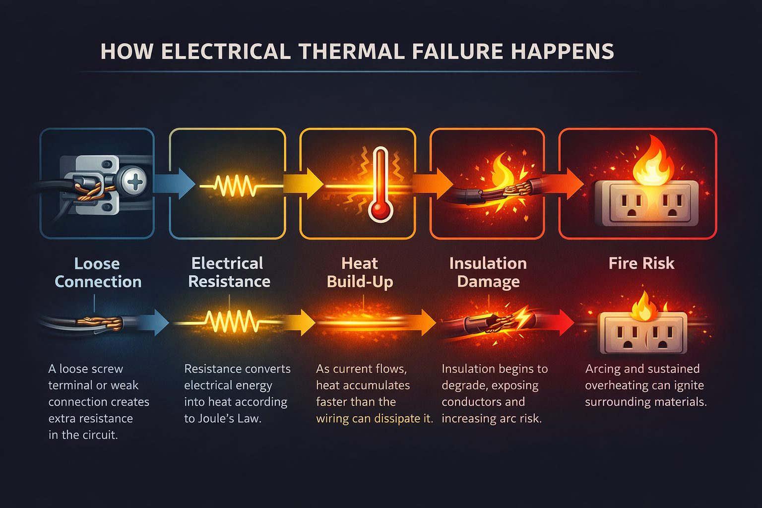 Diagram showing how loose electrical connections lead to resistance, heat buildup, insulation damage, and fire risk