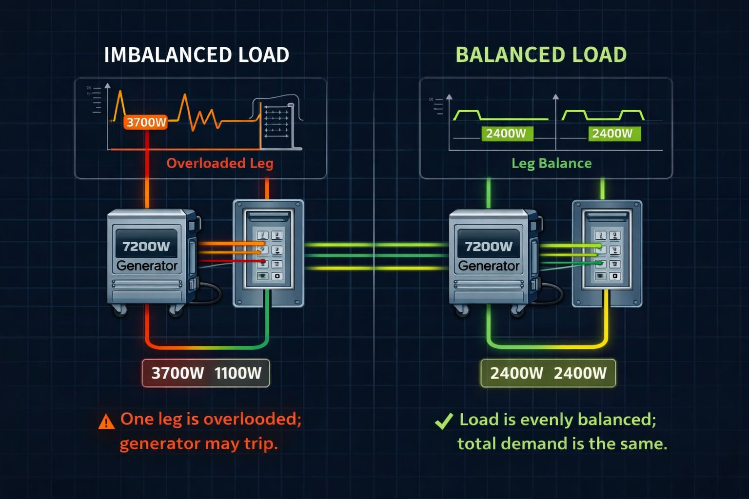 Imbalanced vs balanced electrical load across transfer switch legs showing generator overload vs proper distribution
