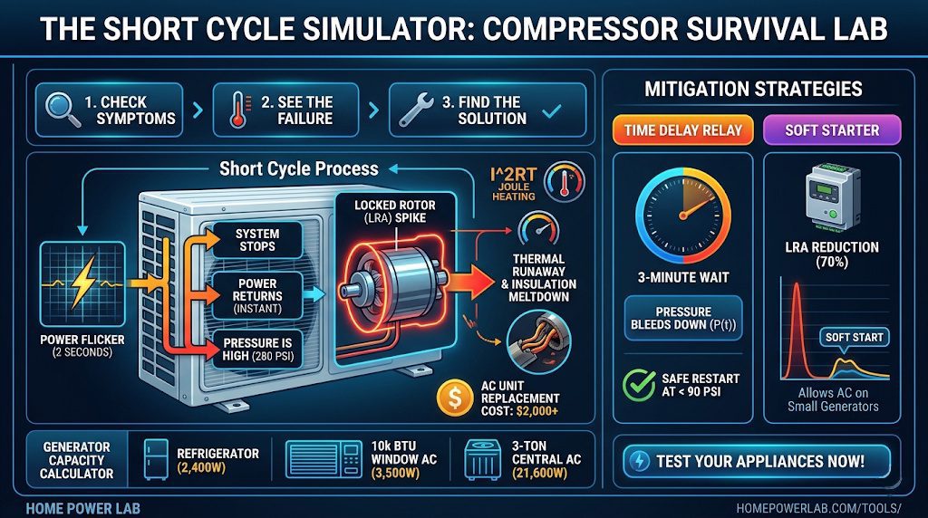 Short cycle compressor restart failure diagram showing pressure lockout, locked rotor current, heat buildup, and delay timer mitigation